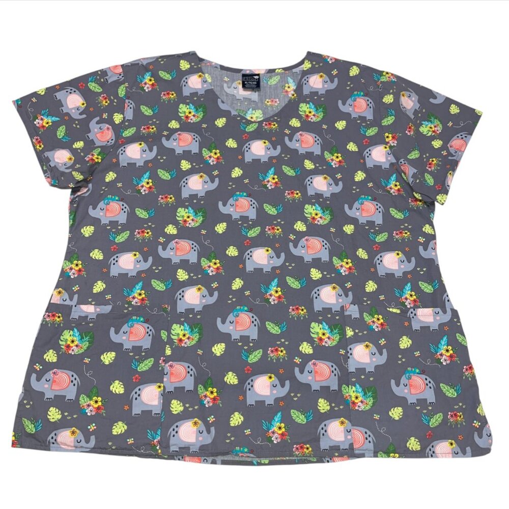 Scrub Top Hawaiian Elephant Floral Tropical Print Gray Pink Women's Size XL